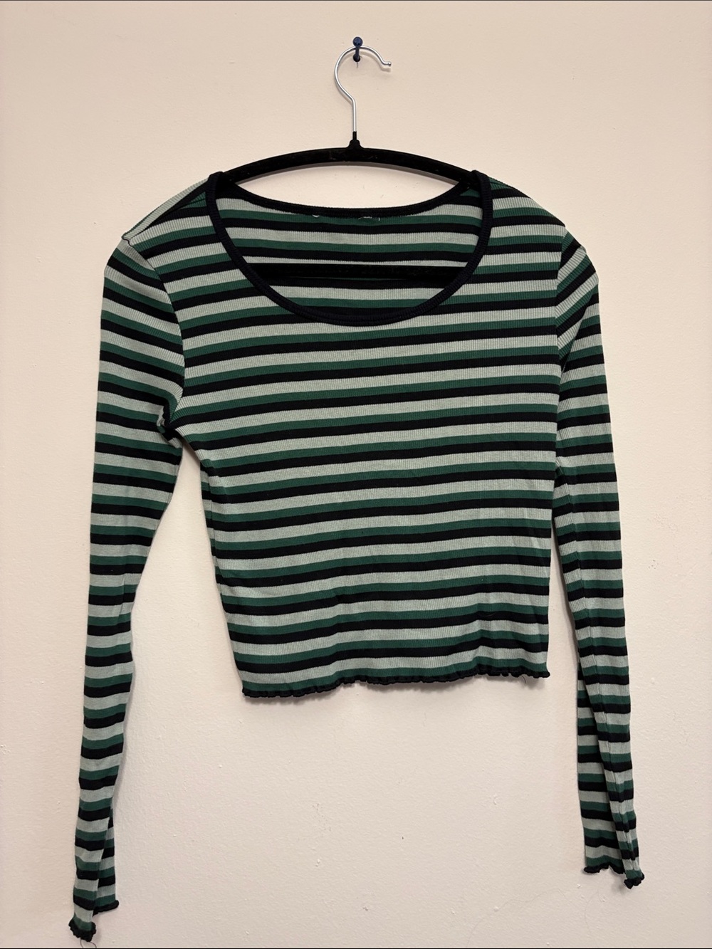 Striped Long-Sleeve Crop Top in Green and Black